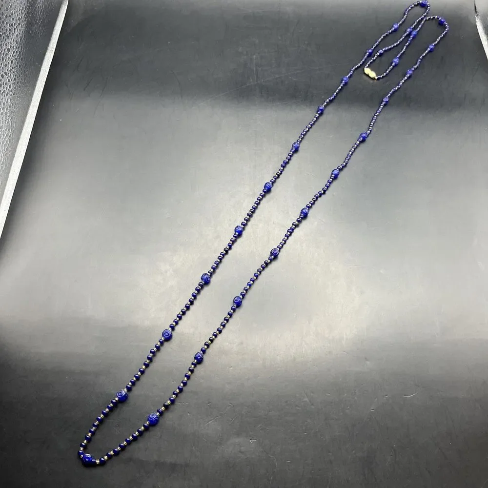 Vintage Extra Long Glass Bead Necklace Small Beads Dark Blue Gold Tone 48 Inch